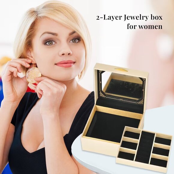 ** 2/$35 NEW Beige Lizard Embossed Pattern Leatherette Anti Tarnish Jewelry Box - Picture 4 of 11